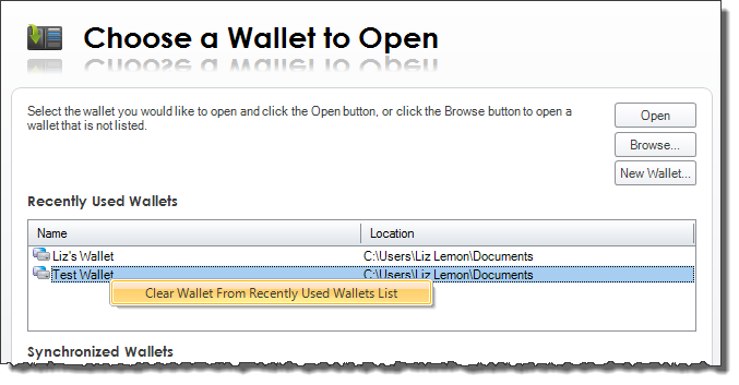 Recently Used Wallets list